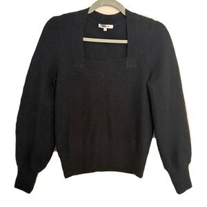 Madewell Black Ribbed Square Neck Puff Sleeve Wool Blend Sweater Small